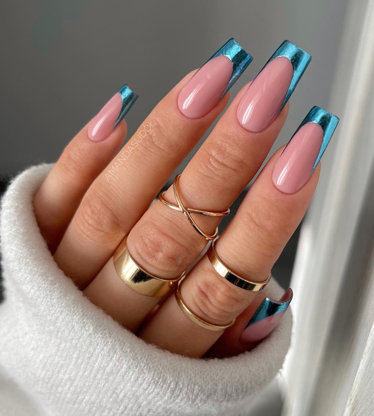 Long Square Metallic Blue Nail Tips