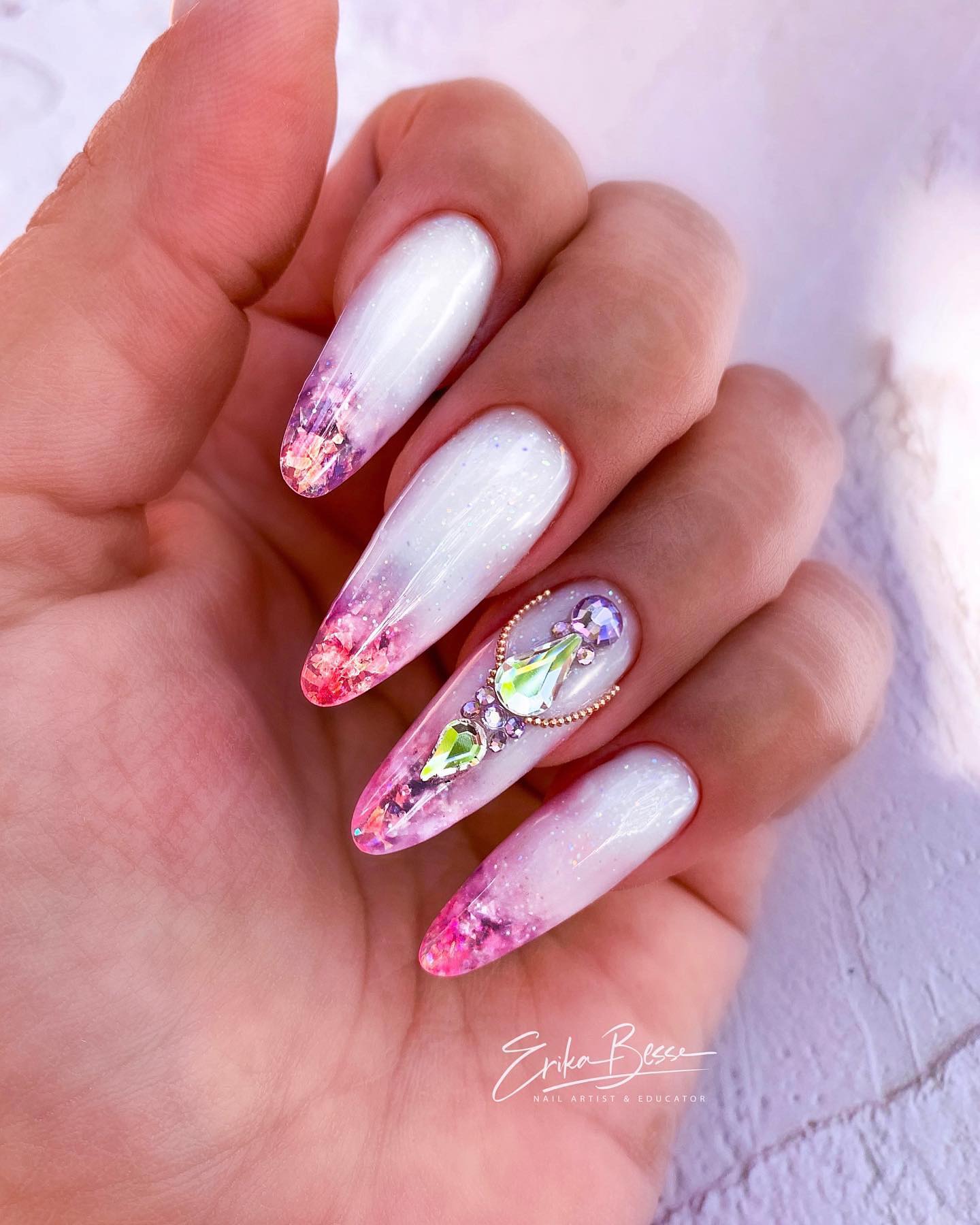 Milky Nails with Rhinestones